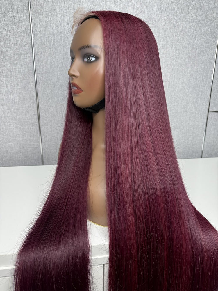 Vietnamese Raw Hair Silky Straight HD Closure Wig Burgundy 99J 250%
