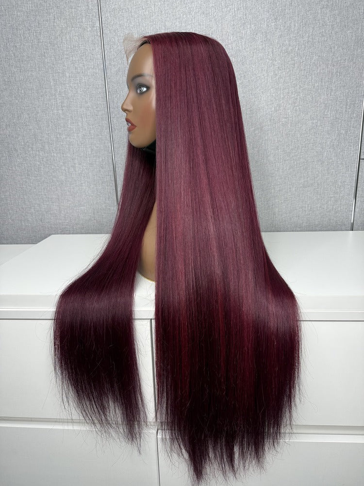 Vietnamese Raw Hair Silky Straight HD Closure Wig Burgundy 99J 250%