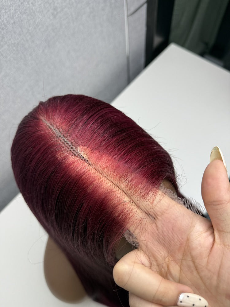 Vietnamese Raw Hair Silky Straight HD Closure Wig Burgundy 99J 250%